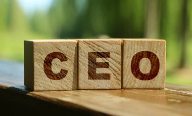 Tahta bloklardaki CEO harfleri. İcra Kurulu Başkanı. İş patronu konsepti. Doğa geçmişi. Ekolojik iş kavramı.