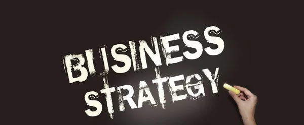 Business Strategy Text Female Hand Chalk Blackboard Business Management Marketing — Stock Photo, Image