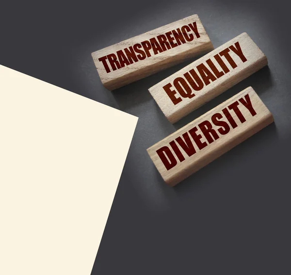 Transparency Equality Diversity Words Long Wooden Blocks Black Background Equality — Stock Photo, Image