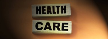 Kırmızıda tahta bloklarda sağlık hizmeti. Tıbbi konsept.