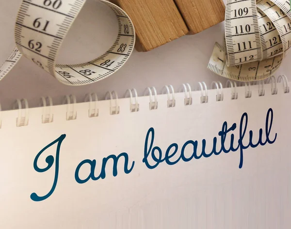 Beautiful Words Written Copybook Page Measure Tape Affirmation Fitness Healthcare — Stock Photo, Image