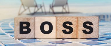 Kırmızı arka planda Genel Müdür için ahşap küplerdeki patron harfleri. Genel Müdür iş konsepti.