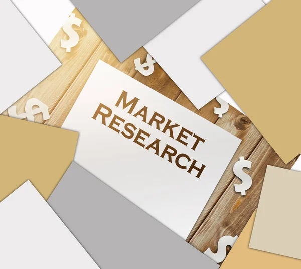 Market Research words on page and paper dollar signs around on wooden table. business concept