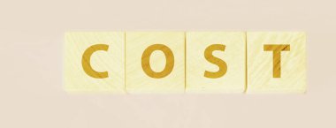 Kelime, ahşap yapı taşlarından yapılmış. Masraflar iş konsepti.