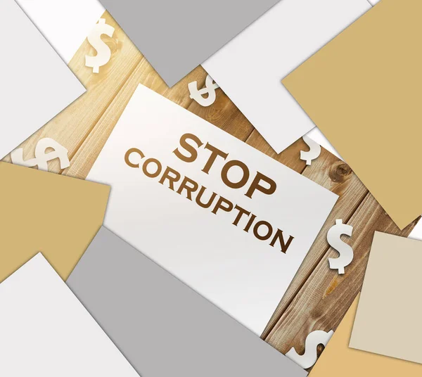 Stop Corruption Words on page and paper dollar signs around on wooden table. Anticorruption business concept.