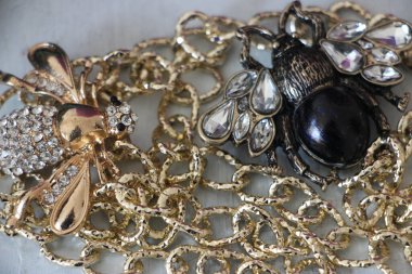 Zümrüt değerli taşlı klasik broşürler. Farklı renklerde cam ve metal broşlar. Renkli ve moda broşları. Lüks bir geçmişi var. Seçici odak