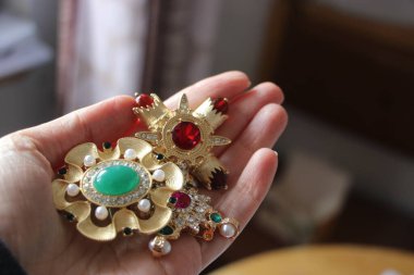 Zümrüt değerli taşlı klasik broşürler. Farklı renklerde cam ve metal broşlar. Renkli ve moda broşları. Lüks bir geçmişi var. Seçici odak