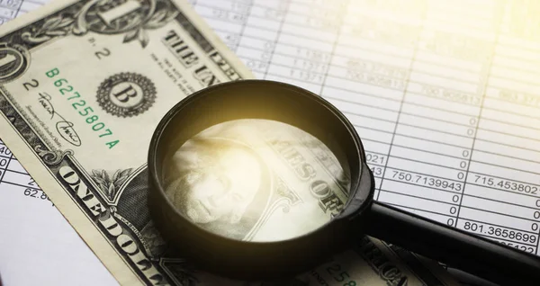 Magnifying Glass Financial Reports Statistics One Dollar Bill Finance Statistic — Stock Photo, Image