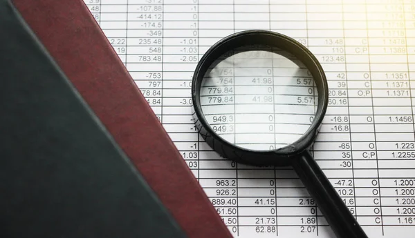 İş analisti finansal raporu incelemek için büyütme kullanıyor. Yatırım ve iş analitik büyümesinin geri dönüşünü analiz etme kavramı.