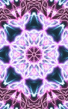 Esrarengiz sihirli neon parlayan geometrik mandala fantezi fraktal. Soyut arkaplan.