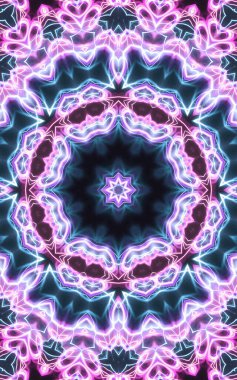 Esrarengiz sihirli neon parlayan geometrik mandala fantezi fraktal. Soyut arkaplan.