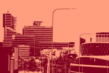 cityscape view in red, duotone concept background  