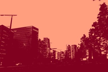 cityscape view in red, duotone concept background  