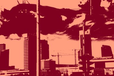 cityscape view in red, duotone concept background  
