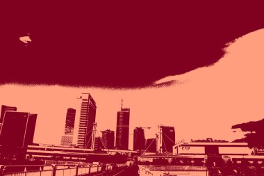 cityscape view in red, duotone concept background  