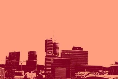 cityscape view in red, duotone concept background  