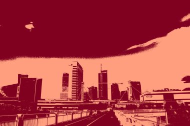 cityscape view in red, duotone concept background  