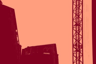 cityscape view in red, duotone concept background  