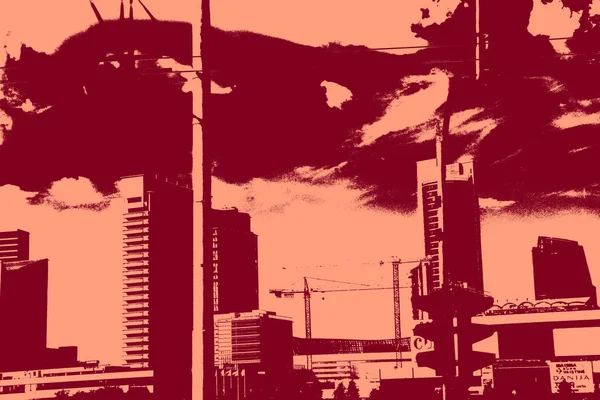 cityscape view in red, duotone concept background  