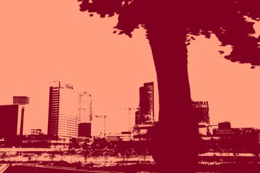 cityscape view in red, duotone concept background  