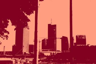 cityscape view in red, duotone concept background  