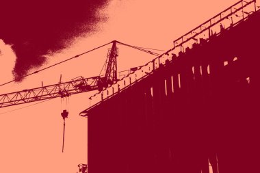 cityscape view in red, duotone concept background  