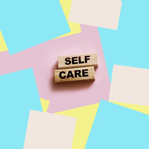 Self Care Words Printed Wooden Blocks Self Treatment Concept Pink — Stock Photo, Image