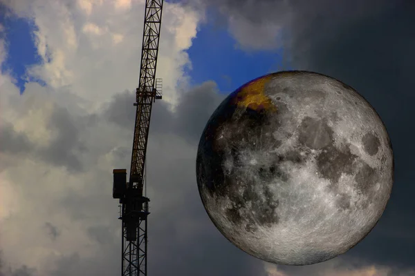 Vista Del Cielo Ciudad Con Una Luna Concepto Planeta —  Fotos de Stock