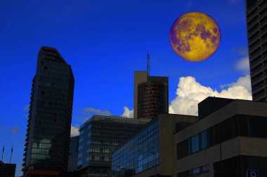 şehir konsepti, büyük aylı şehir manzarası 