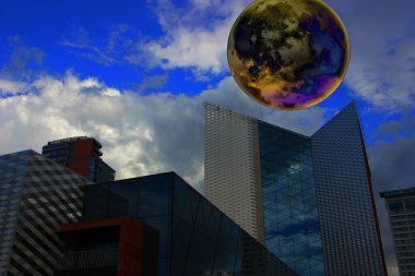 şehir konsepti, büyük aylı şehir manzarası 