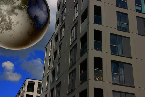 Concept Urbain Vue Sur Ville Avec Grande Lune — Photo