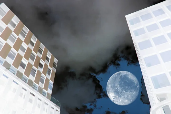 Vue Ciel Ville Avec Une Lune Concept Planète — Photo