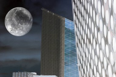 Şehir gökyüzü manzarası Ay, gezegen konsepti  