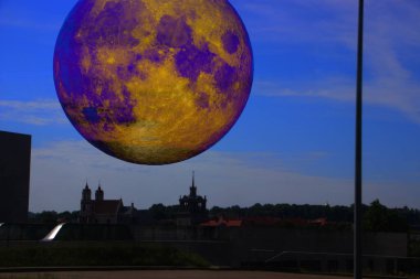 şehir konsepti, büyük aylı şehir manzarası 