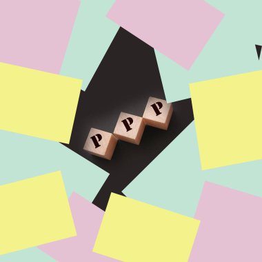 Mavi arka planda tahta küplerin üzerindeki PPP kavramı. Teknoloji konsepti.