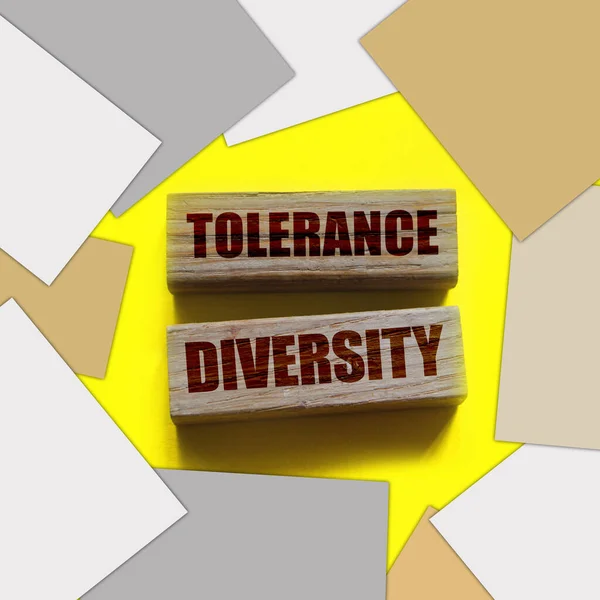 Tolerance Diversity Words Wooden Blocks Yellow Equality Concept Gender Ethnicity — Stock Photo, Image