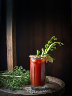 Siyah bir masada maydanozlu ve biberiyeli taze kırmızı bir içecek..