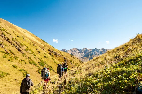 Group of young hikers trekking in mountains. Two women two men backpacking in summer near Sary Chelek lake, Sary-Chelek Jalal Abad region, Kyrgyzstan, Trekking in Central Asia.