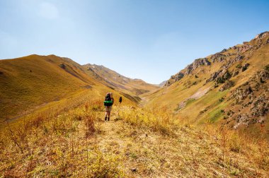Bir grup genç yürüyüşçü dağlarda yürüyüş yapıyor. Yazın Sary Chelek Gölü, Sary-Chelek Celal Abad bölgesi, Kırgızistan, Orta Asya 'da seyahat eden iki erkek sırt çantasıyla geziyorlar..