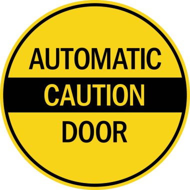 Otomatik kapı uyarısı. İmzala. Sarı daire arka planı. Güvenlik işaretleri ve sembolleri.