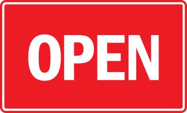 Açık işaret. Kırmızı arka planda beyaz. Ticari kavramlar, etiket, tabaklar, tabela, restoran, ofis, mağaza, dükkan, köprü vs. için mükemmel.