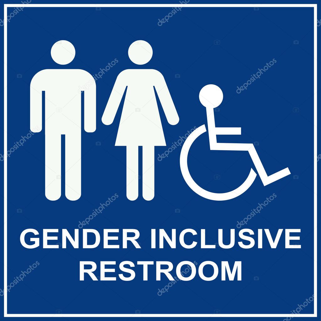 Gender inclusive restroom sign. White on blue background. Toilet signs and symbols.