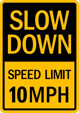 Slow down speed limit 10 MPH sign. Black on yellow background. Traffic signs and symbols. clipart