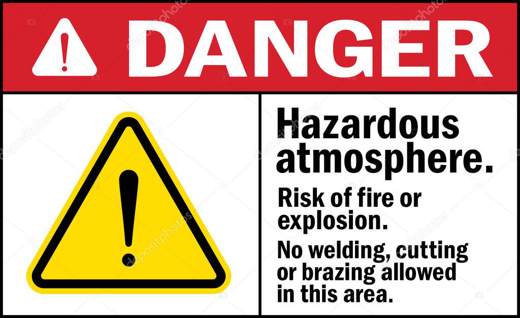 Danger sign. Hazardous atmosphere risk of fire or explosion. No welding, cutting or brazing allowed in this area. Safety signs and symbols.