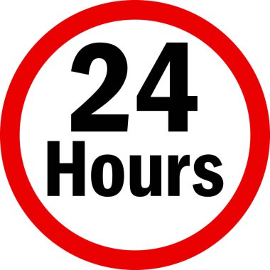 24 saat çalışma işareti. Kırmızı daire arka planı. Trafik işaretleri ve sembolleri.