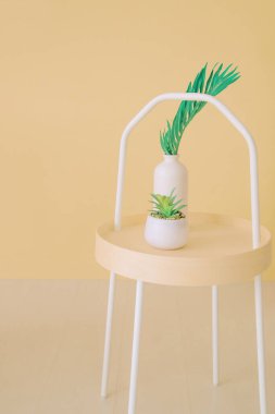 Parlak bir odada ahşap bir sehpa. Küçük bir masada tencerede bir sulu ve vazoda bir palmiye yaprağı var. Minimalist ve şık iç mekan..