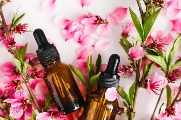 Şeftali çiçeği yapraklarının arka planında göz damlası olan bir kapta kozmetik yağı. Aromaterapi için gerekli yağ. Şişe kahverengi. Şeftali dalı çiçekleri beyaz arkaplana dağılmış..