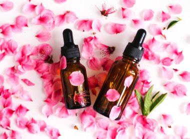 Şeftali çiçeği yapraklarının arka planında göz damlası olan bir kapta kozmetik yağı. Aromaterapi için gerekli yağ. Şişe kahverengi. Şeftali dalı çiçekleri beyaz arkaplana dağılmış..