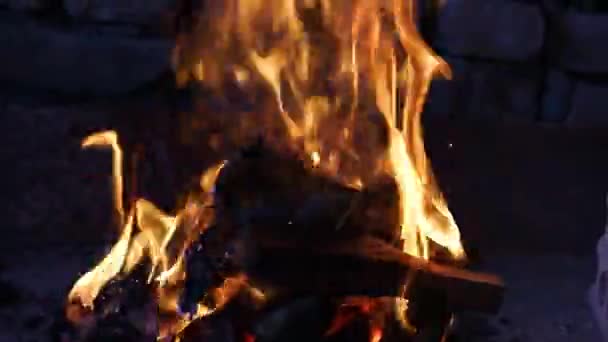 Lagerfeuer Aus Nächster Nähe Holz Verbrennen Die Orangene Flamme Des — Stockvideo