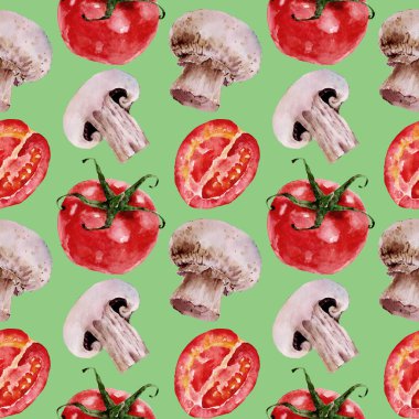 Domates, champignon, mantar ile Seamless modeli. Suluboya resim.